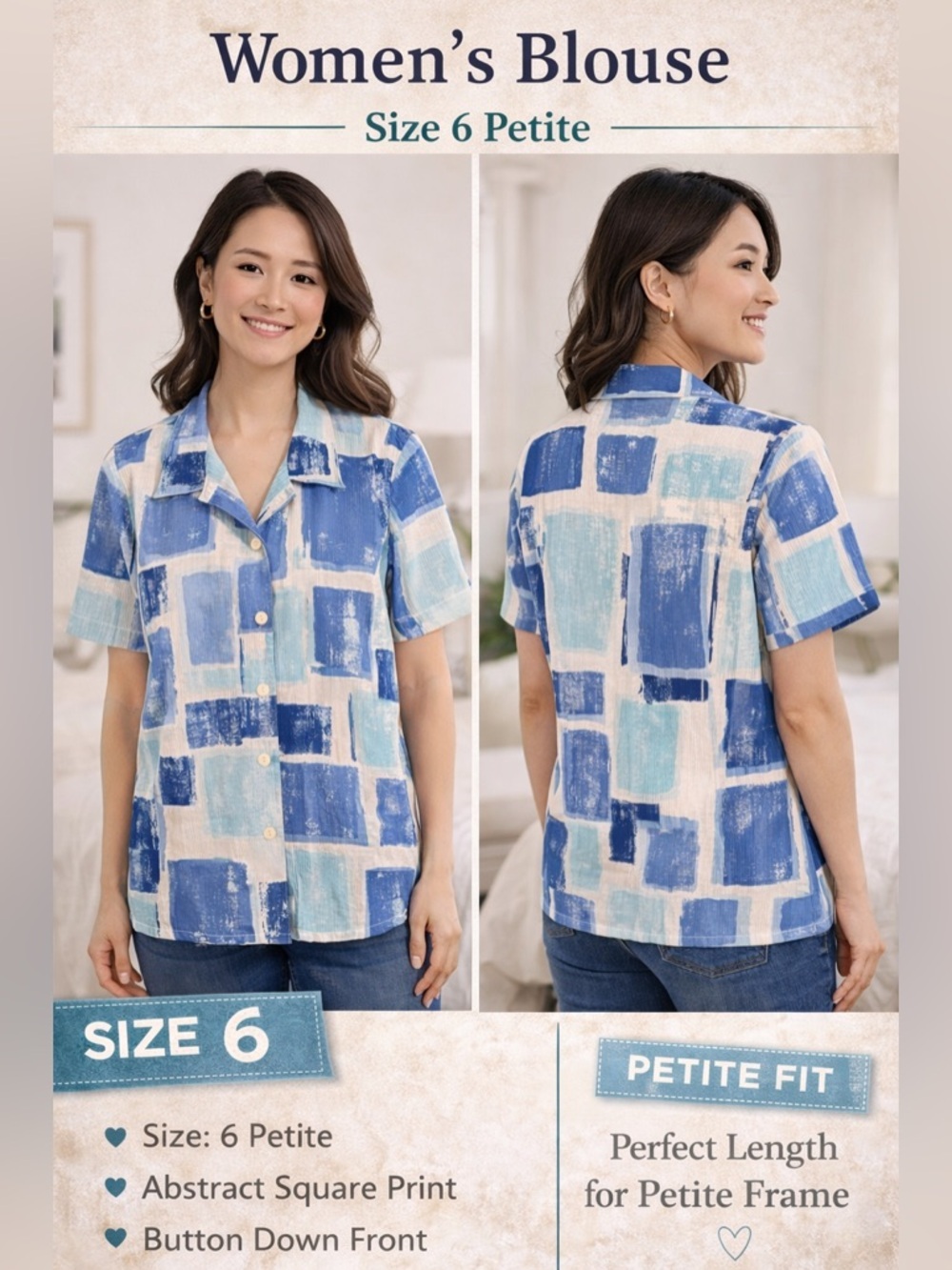 Allison Daley Blue & Teal Abstract Short-Sleeve Camp Shirt size 6petite